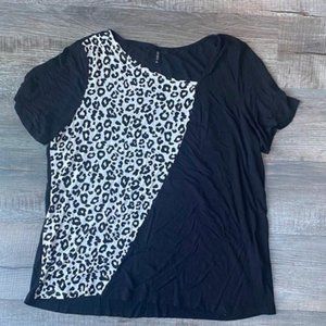 Black with Asymmetrical Leopard Print  Women's Blouse.  Size XXL